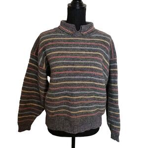 Gilnini Vintage Sweater Women Large Gray Striped Pastel Wool Blend Collar Ribbed